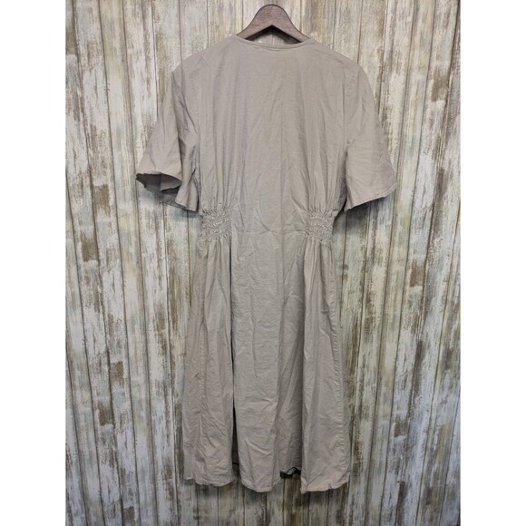 T Tahari Linen Blend Midi Dress Flutter Sleeve Khaki Button Up Shirred Waist 12 - Picture 6 of 15